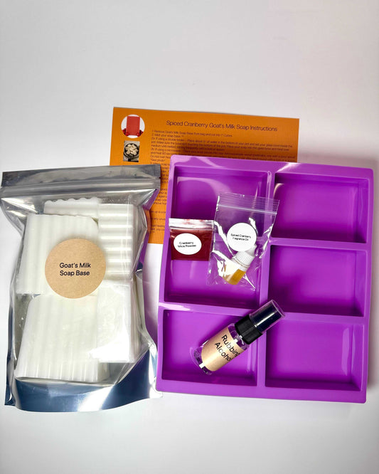 Spiced Cranberry Soap Making Kit with goat's milk soap base, fragrance oil, cranberry coloring, purple silicone mold and instructions