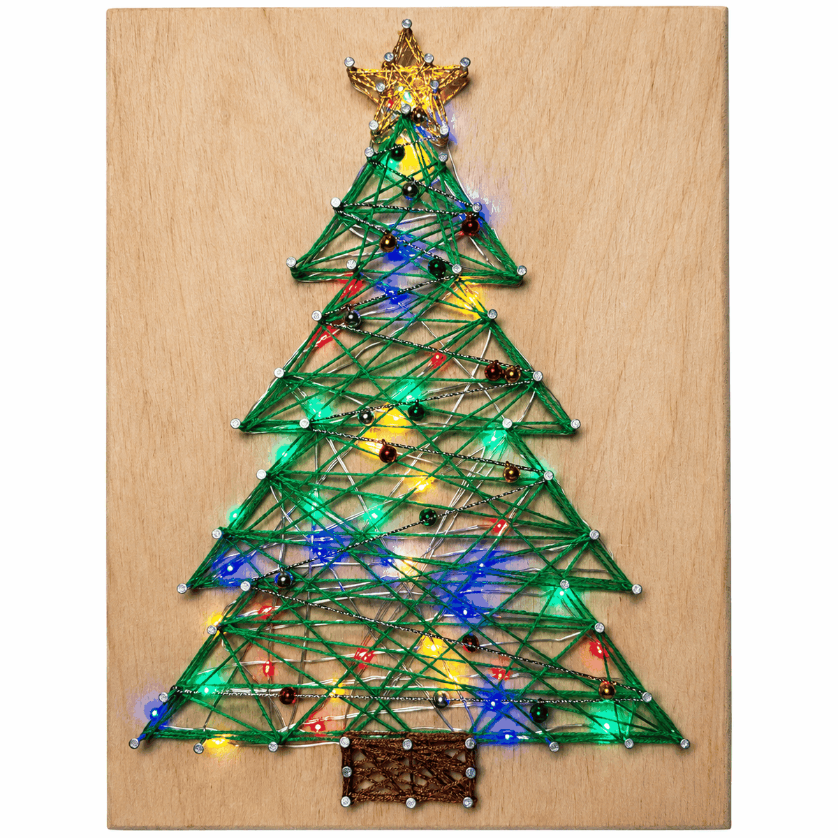 String Art Christmas Tree with multi-colored fairy lights. Green tree with gold star and brown base. Bells are used as ornaments on the tree. 