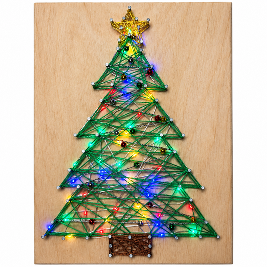 String Art Christmas Tree with multi-colored fairy lights. Green tree with gold star and brown base. Bells are used as ornaments on the tree. 