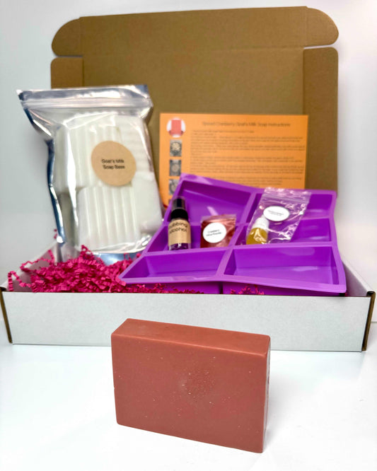 Spiced Cranberry Soap Making Kit with a reddish-brown soap bar, goat’s milk soap base, fragrance supplies and purple mold