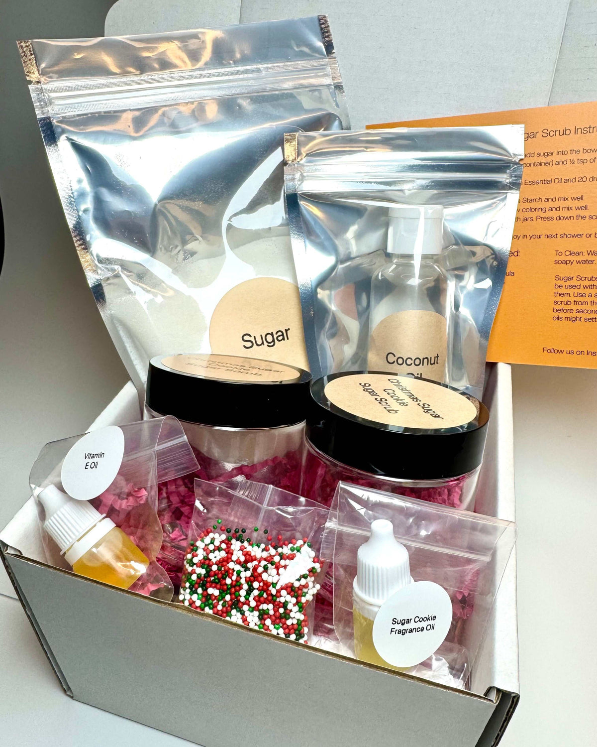 Christmas Sugar Cookie Sugar Scrub making kit with sugar, coconut oil, jars, festive sprinkles and fragrance oil