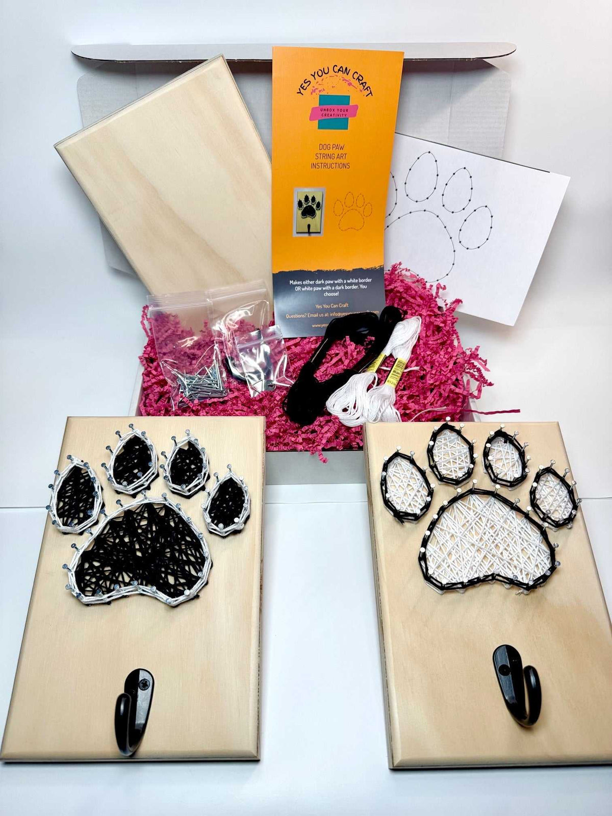 Dog Paw Leash Holder String Art Kit with wood boards, nails, hooks, and black-and-white paw designs