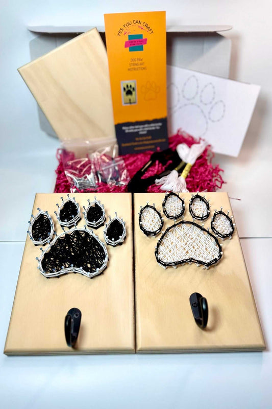 Dog Paw Leash Holder String Art Kit with wood boards, black and white paw designs, hooks and craft supplies