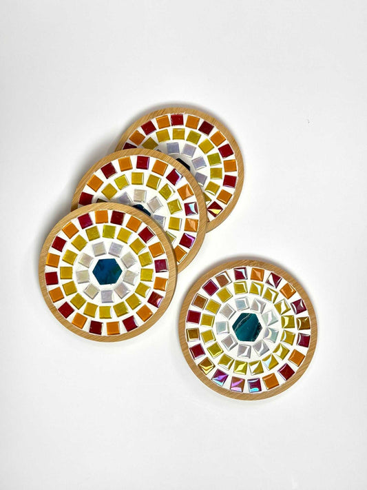 Round Mosaic Tile Coasters, set of four, handcrafted bamboo with colourful geometric mosaic patterns and natural edges